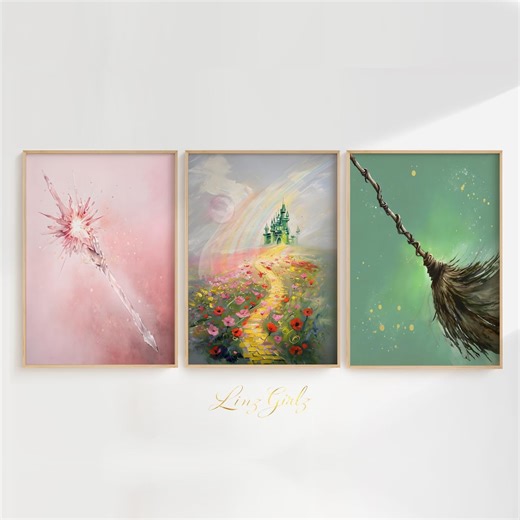 3PC Wicked Witches Pink Green Watercolor Painting Emerald City Yellow Brick Road︳glinda Wand︳elphaba Broom︳for Girl Room Art Trio Print Set - Etsy UK