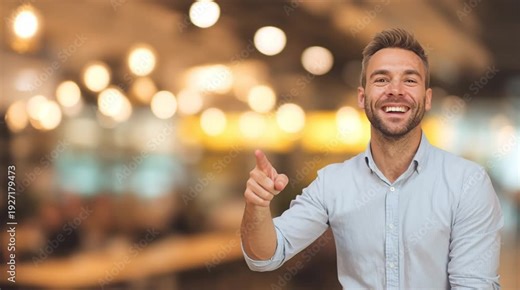 Confident Male Points Forward: A charismatic man, radiating positivity and confidence, points directly ahead with a beaming smile, encapsulating a message of direction, motivation, and leadership.