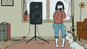 Lofi animation. Seamless loop. Girl listening the music with her pet dog, hand-drawn anime, Japanese 2D anime-style animation, a chill anime lo-fi hip hop vibe.