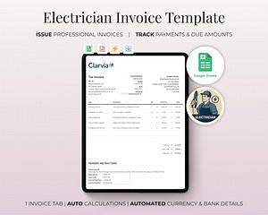 Electrician Invoice Template | Google Sheets | Editable With Auto Currency & Bank Details | Instant Download | Easy Logo Upload - Etsy