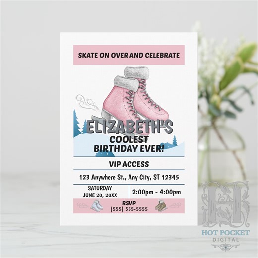 Ice Skating Birthday Invitation, Skating Party Invite, Custom Girl Birthday Invitation, We Edit For You, Printable Digital File