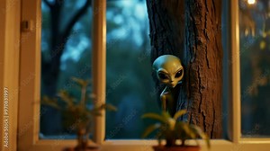 An Extraterrestrial Being Standing Outside and Peering into a Room Through a House Window