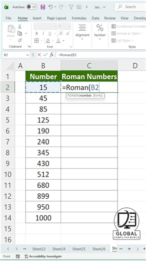 Excel Productivity Hack 🔥| Convert Numbers into Roman Numerals #excelshorts ‪@GlobalComputerWorld‬