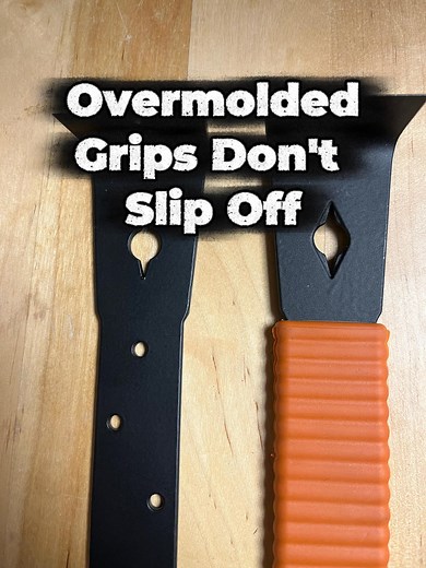 Overmolding your grips is more expensive but a higher quality solution. They don't slip off, and they offer great protection against impact shock. Check out this patented 9.5" trim bar - scraper bar - molding bar - siding removal tool. https://wrangotools.com/product/trim-bar-pry-bar/ | Wrango Tools