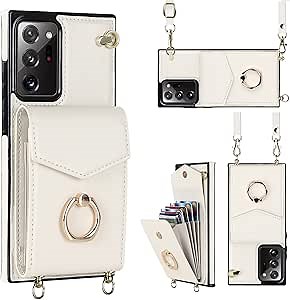 for Samsung Galaxy Note 20 Case 5G 6.7 inch, Minimalist Wallet Case with Ring Kickstand and Shoulder Strap, Shockproof Stylish Protective Cover with Wrist Strap for Galaxy Note 20 -White
