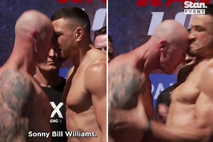 Watch AFL legend Barry Hall HEADBUTT 'nervous' Sonny Bill Williams at weigh in