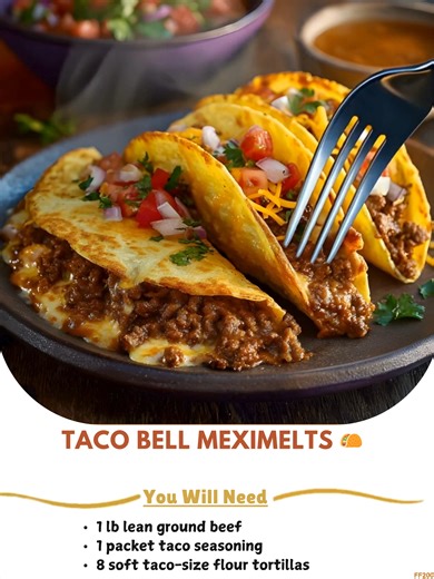 Taco 💋 Bell Meximelts 🌮 Enjoy the delicious taste of Taco Bell Meximelts right in your own kitchen with this easy-to-follow recipe. These flavorful and cheesy treats are perfect for a quick dinner or as a crowd-pleasing appetizer at your next gathering. Made with simple ingredients and ready in just 25 minutes, Meximelts are sure to become a family favorite! Ingredients: - 1 pound ground beef - 2 tablespoons taco seasoning ..... Full Recipe in Coʍmеոτ 💬 🌟 | Grandma's Recipes