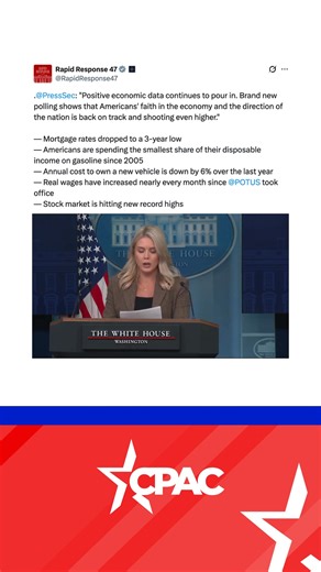 Rapid Response 47 on X: Press Secretary Karoline Leavitt: "Positive economic data continues to pour in. Brand new polling shows that Americans' faith in the economy and the direction of the nation is back on track and shooting even higher." — Mortgage rates dropped to a 3-year low — Americans are spending the smallest share of their disposable income on gasoline since 2005 — Annual cost to own a new vehicle is down by 6% over the last year — Real wages have increased nearly every month since Pre