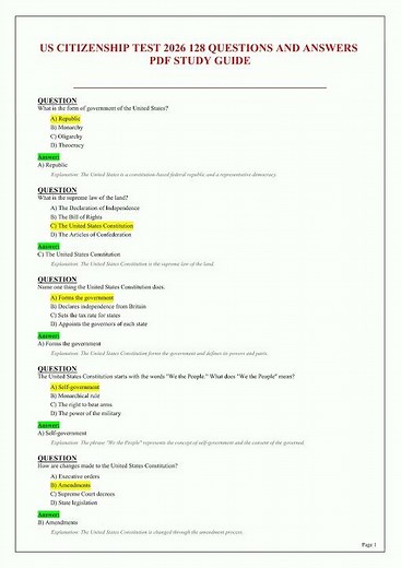 US CITIZENSHIP TEST 2026 128 QUESTIONS AND ANSWERS PDF STUDY GUIDE Flashcard