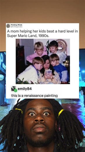 mom helping her kids beat a hard level in Super Mario Land, 1990s