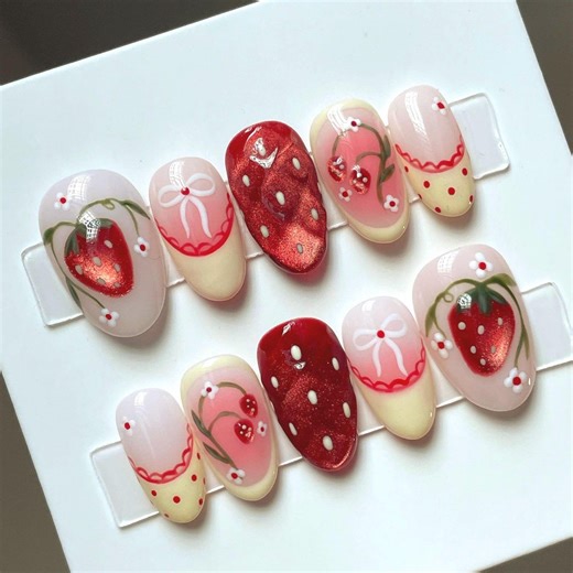 Custom Strawberry Shortcake Nails, Red Sparkly 3D Fruit Manicure for Spring and Summer, Reusable Butter Yellow Press on Nails - Etsy