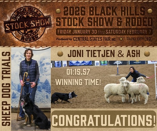 SHEEP DOG TRIALS RESULTS 🏆🐑 Precision, partnership, and pure instinct on full display! Congratulations to Joni Tietjen and her dog Ash, who took the win with an impressive time of 1:15:57 👏⏱️ From quiet commands to flawless movement, this is the kind of teamwork that defines the heart of the Black Hills Stock Show & Rodeo. Fans were locked in, tails were wagging, and tradition ran strong. Thank you to all the handlers and supporters who made the Sheep Dog Trials another unforgettable BHSS mom