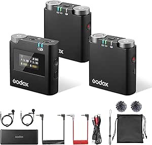Godox Virso M2 Wireless Microphones - 200m Range, 17-Hour Battery, 2.4GHz Noise Cancelling, Lavalier Mic for Interviews, Vlogs & Conferences