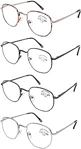 DOOViC 4 Pack Fashion Metal Frame Reading Glasses Blue Light Blocking Anti Eyestrain Spring Hinge Computer Readers for Women Men 1.00 Strength