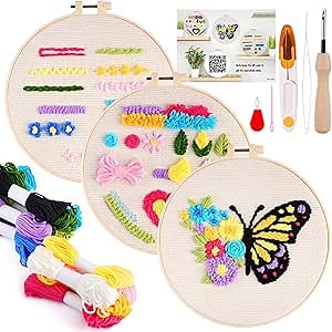 Pllieay 3 Sets Punch Needle Embroidery Kits, All-Inclusive Embroidery Kit for Beginners with Pre-Printed Fabric, Hoop, Yarns & Tools – Good Stitching Kit & Embroidery Starter Kit