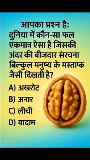 99% लोग नहीं बता पाए—कौन सा फल बिल्कुल दिमाग जैसा दिखता है? #shortsfeed #gk #gkquiz #viral