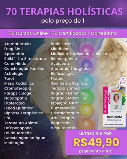 ÚLTIMA CHANCE! Só HOJE por R$49,90! Amanhã volta para R$97! 🌟Seja um(a) Terapeuta Holístico Profissional com Certificado Reconhecido, Registro e Carteirinha para atuar ✨Tenha acesso à uma plataforma com mais de 70 Cursos Completos para acessar quando quiser ✅ de 70 Cursos Completos ✅Certificados Reconhecidos, um para cada técnica. ✅Carteirinha Digital do Terapeuta sem custos ✅Apostila e material complementar para baixar ✅Acesso Vitalício ✅ Pagamento Único 👉 Inscreva-se agora clicando em SAIBA 