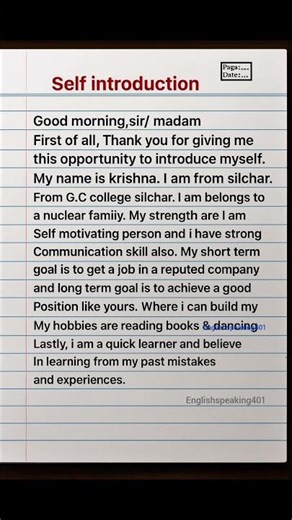 🎤 Self-Introduction Speech (Corrected & Professional) #selfintroduction #english #shortsfeed