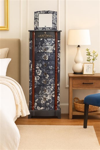 SOLD Do Not Purchase - Navy Floral Vintage Amoire | Hand-painted Tallboy | Dark Botanical Jewelry Storage - Etsy