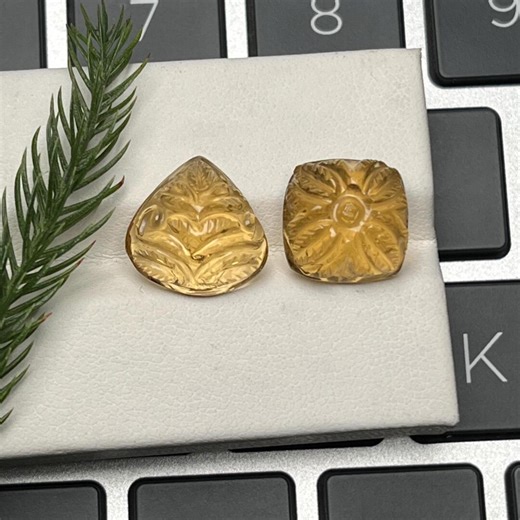 African Citrine Carved Gemstone 2 Piece Pear & Cushion Handmade Carving Gems for Jewelry - Etsy
