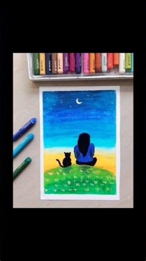 Easy Oil Pastel Drawing 🌙 | Beautiful Night Scenery for Beginners 🎨#shorts #art #drawing#ytshorts