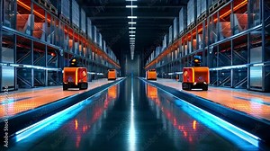 Three orange autonomous robots on a conveyor belt in a modern warehouse with blue lights and a reflective floor.