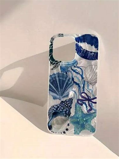 1 pieza Funda de teléfono con estilo de arte de pluma de onda de pluma de color plateado brillante, con elementos marinos azules, impresión de labios azules, vida marina azul, concha de labios, estrella de mar, personalizada, transparente, resistente a caídas, compatible con Apple/OPPO/VIVO/Honor/Redmi/Transsion, regalo de primavera | SHEIN