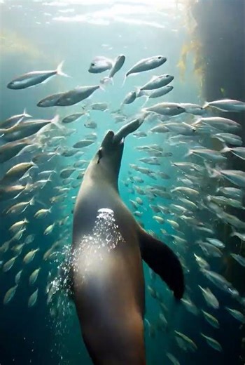 Sea Lion Charges Through Sardines
