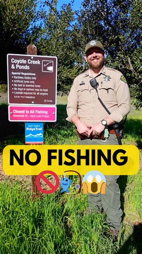 This is a friendly reminder from Park Ranger Colby Meenk that Coyote Creek is CLOSED for fishing through April due to salmon spawning season. 🚫🎣 By not fishing during this time, you are helping our local ecosystems and allowing salmon populations to thrive. | Santa Clara County Parks