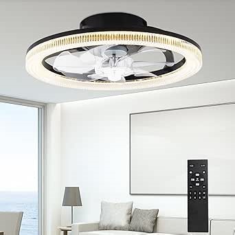Atdoall Ceiling Fans with Lights and Remote, 15.7"Flush Mount Ceiling Fan, 6Wind Speeds Low Profile Ceiling Fan with Light, Dimmable LED Fan Light, Modern Smart Leafless Ceiling Fan for Bedroom(Black)