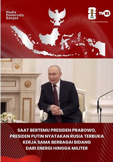 Presiden Rusia Vladimir Putin menyatakan Rusia sangat terbuka menjalin kerja sama berbagai bidang dengan Indonesia. Pernyataan itu ditegaskan saat pertemuan bilateral dengan Presiden RI Prabowo Subianto di Istana Kremlin, Moskow, Senin (13/4). Putin mengaku sangat senang dengan pertemuan bilateral tersebut. Bagi dia, pertemuan bilateral ini terjalin dengan sangat berbobot. “Beberapa waktu lalu kita telah menerima deklarasi mengenai kemitraan strategis. Saya sangat senang kita melaksanakan langka