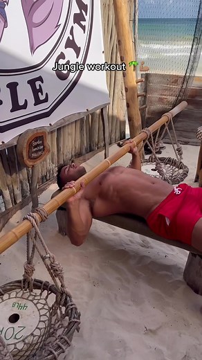 The weights for the row machine are pretty cute and the bench with the baskets are waay harder than it looks #junglegym #fyp #4u #tulum