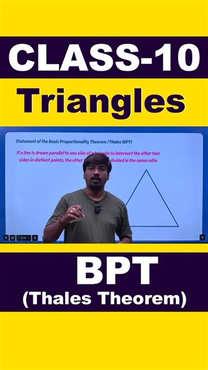 Thilak Sundhar on Instagram: "📐✨ Basic Proportionality Theorem (BPT) – Class 10 Maths ✨📐 👉 Statement: If a line is drawn parallel to one side of a triangle to intersect the other two sides, it divides those sides in the same ratio. 📝 Formula: In △ABC, if DE ∥ BC ⟹ 𝐴 𝐷 𝐷 𝐵 = 𝐴 𝐸 𝐸 𝐶 DB AD ​ = EC AE ​ 💡 Also Known As: Thales’ Theorem 🔑 Use: Proving similarity of triangles & solving ratio problems. ✨ Master this theorem = Score higher in Geometry! 📘✍️ 🔖 Hashtags: #Class10Maths #BPT 