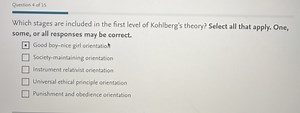 Which stages are included in the first level of Kohlberg's theo... | Filo