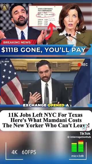 NY’S $111 BILLION NIGHTMARE: 11K Jobs Just Fled NYC for Texas — Thanks to Mamdani’s Socialist Tax SpreeNY’s corporate tax rate is a crushing 17.44%. Texas? 0%.IRS data just dropped and even Governor Hochul is “shocked” — 892 companies already bolted with billions. This video isn’t about Goldman Sachs. It’s about the businesses and New Yorkers who can’t leave, getting stuck with the bill.Mamdani’s answer? Raise taxes even more! 🤔Corporate choices are easy:Blue policies = economic suicide. Red st