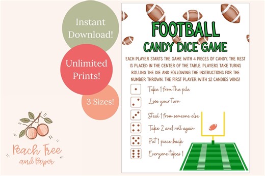 Football Candy Dice Game – Printable Party Activity (PDF)- Tailgate Party - Kids - Etsy