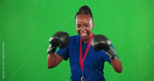 Winner, boxing and medal with black woman on green screen for fitness, success and fight. Workout, exercise and training with female boxer on studio background for championship, challenge and sports