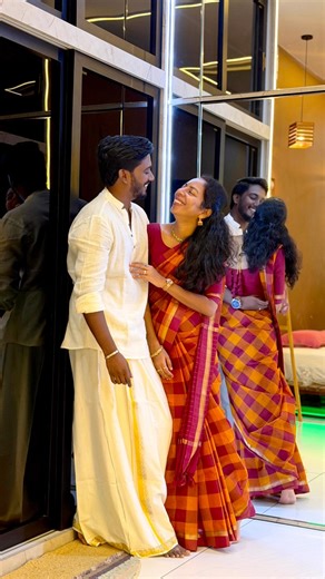 I love getting ready with him more... 🤍 We both stood in front of the wardrobe, already knowing what we were going to wear… still taking that one extra look before getting started 🥰 and putting everything on the bed😅 He helped me drape my saree (as usual 🤍). And this one is extra special… because it’s the saree he gifted me for Valentine’s. While I was adjusting pleats, he was getting ready in his kurta and mundu — full Kerala style. It was a little hurried. A little messy. A lot of laughing