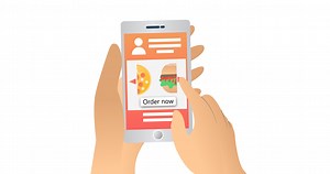 Download Graphic animation of a food delivery app with image hand and smartphone suitable for presentation media and infographics for free