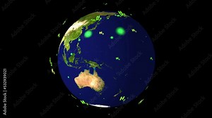 Global with green H2 text particles sphere meaning green hydrogen all the world