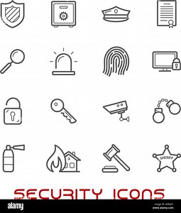 Security and protection thin line style icons with web security shield, padlock, key, safe, gavel, video surveillance, fire security, patent, handcuff Stock Vector Image & Art - Alamy