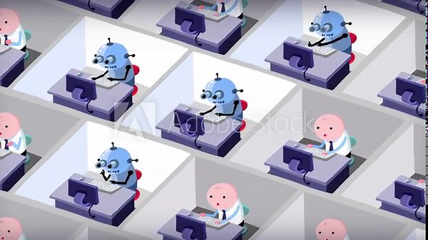 Office employees transforming to working robots. Technology replacing simple office work. Characters and machines in cubicles.