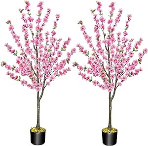 HUAESIN 4.4Ft 2 Pack Tall Cherry Blossom Artificial Tree, Fake Tree Faux Silk Plant with Plastic Nursery Pot, Artificial Plants for Home Office Indoor Decor
