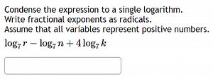 Condense the expression to a single logarithm.Write fractional... | Filo