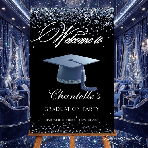 Graduation Party Welcome Sign Template Blue, Black Graduation Cap Welcome Poster, Editable Graduation Welcome Board Download - Etsy
