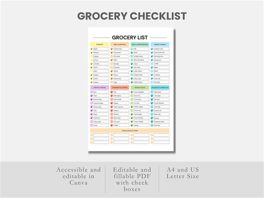 Grocery List Template Grocery Checklist Food Shopping List Printable Grocery Shopping Planner Weekly Meal Planner Blank Grocery List Canva - Etsy