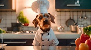 dog chef uniform on kitchen