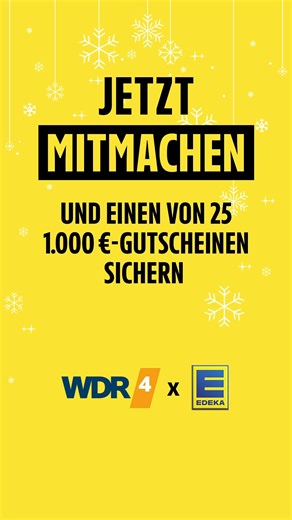 Edeka A. Mülln on Instagram: "🎁 Weihnachtsbonus mit WDR 4 Wir verschenken 25 x 1.000 € Einkaufsgutschein 💛 So machst du mit: 👉 WDR 4 hören und vom 1.12.–24.12. morgens (6–11 Uhr) gewinnen. 👉 Weihnachtsbonus anmelden (https://www.edeka.de/rhein-ruhr/gewinnspiel/wdr4-weihnachtsbonus.jsp) 👉 Wenn das Telefon ☎️ klingelt: mit „Guten Morgen WDR 4“ melden 📻 Einschalten lohnt sich! Teilnahmebedingungen: https://www1.wdr.de/radio/wdr4/schwerpunkt/weihnachte