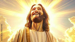 jesus christ face smiling with halo and rays of light cartoon style animation isolated on sky background. represent jesus love. ascention, ressurection, transformation - 4k stock video footage