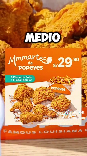 Este Martes 11 de Agosto es Martes de Popeyes a S/ 29.90 ‼️ Serán 6 piezas de pollo una papa cajún familiar a S/ 29.90 con cualquier medio de pago Aplican TyC. La Promoción contiene 6 piezas de pollo 1 papa cajun familiar a S/ 29.90. Promoción válida todos los martes del 2026. Válido en todas las tiendas a nivel nacional, web y call center. Válido 1 promoción por persona. Sujeto a disponibilidad, stock limitado, sujeto a cambios sin previo aviso. Las piezas de pollo son combinadas, según disponi